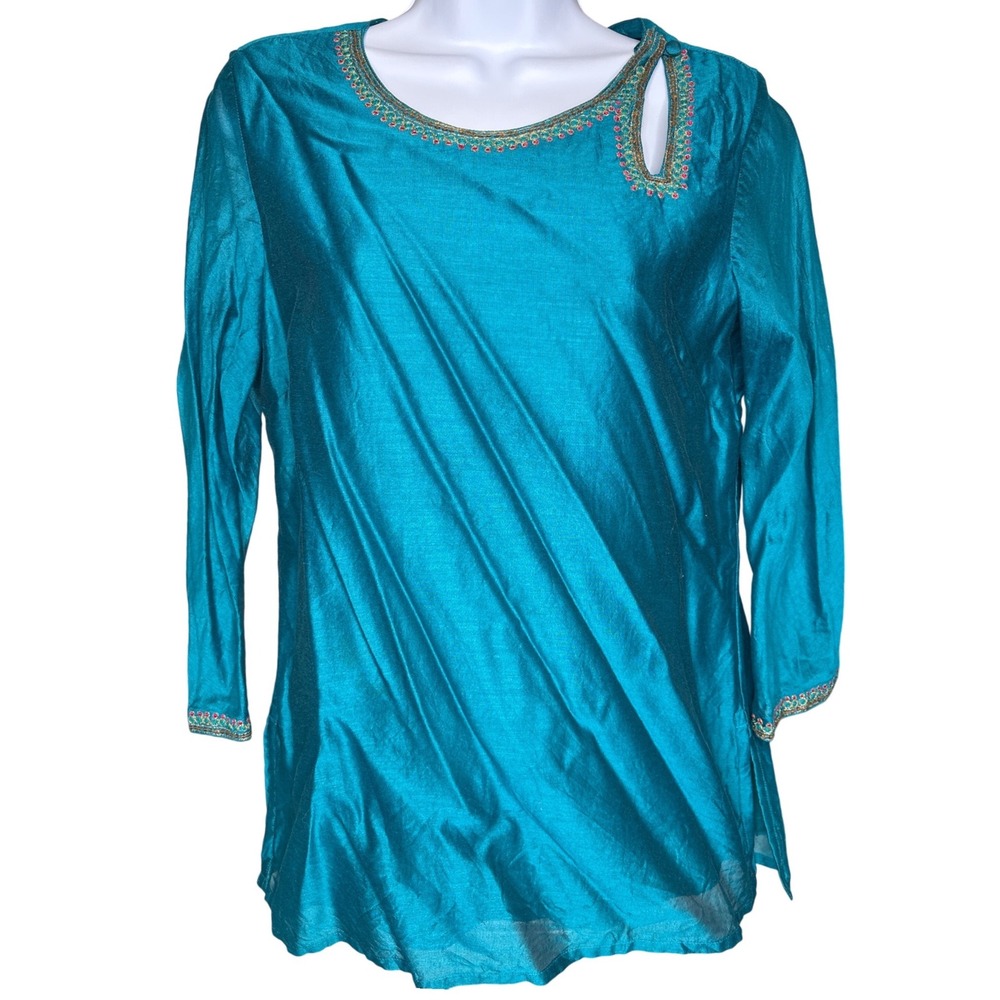 Fabindia Womens Teal Silk Blend Embroidered Tunic Sz M Kurta Indian Festive Boho